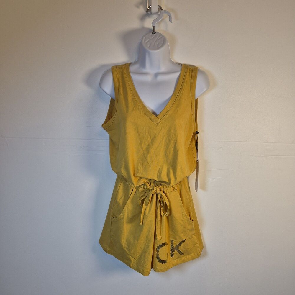 Calvin Klein Womens Romper Size S Ochre Yellow V-Neck Sleeveless Drawstring Logo